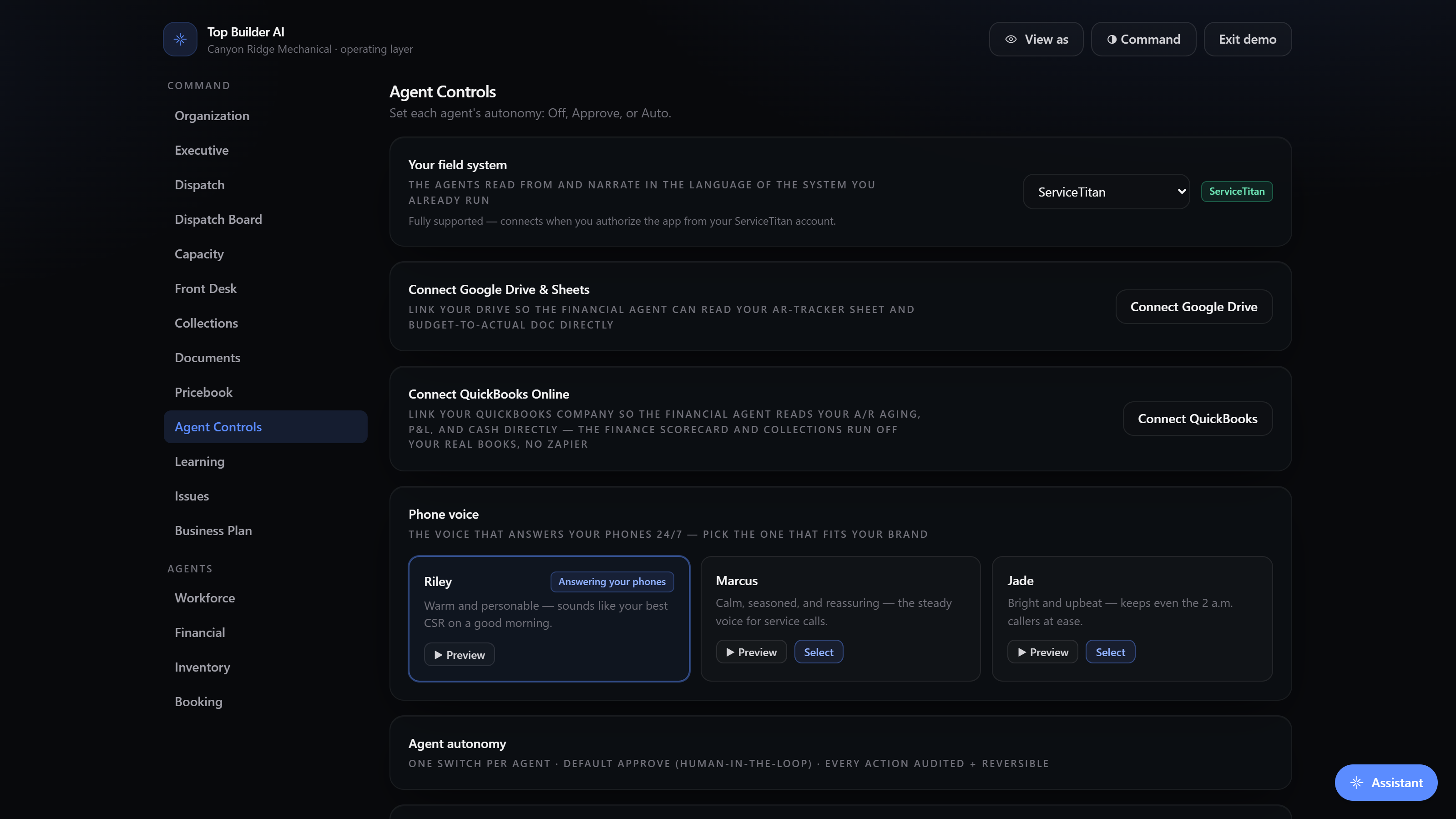 The eight-agent Command Center sidebar beside the Dispatch board, with the Routing agent's suggested technician assignments and drive-time saved.