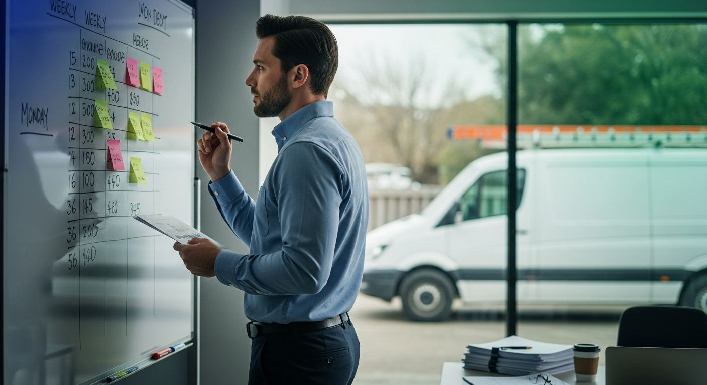 Office manager at a home-service contractor filling in a weekly numbers whiteboard by hand on a Monday morning