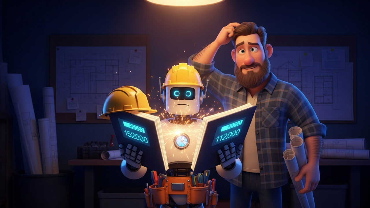 A small-shop trades owner at his kitchen table at night, closing his laptop with a calm smile, a tidy one-screen job summary showing what the job made