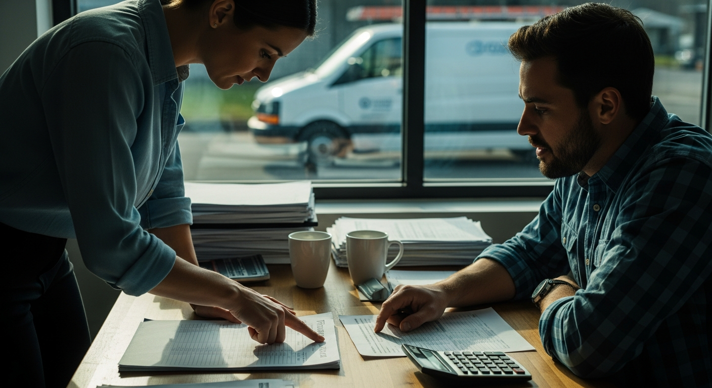 A contractor reviewing payroll and role permissions on a laptop at a back-office desk, a service truck visible through the window