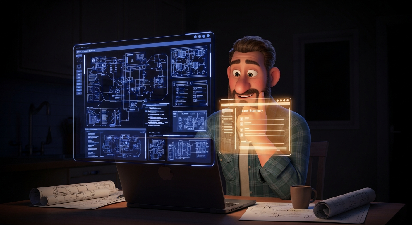 Contractor at his kitchen table at night comparing two software options on his laptop, one oversized and one right-sized