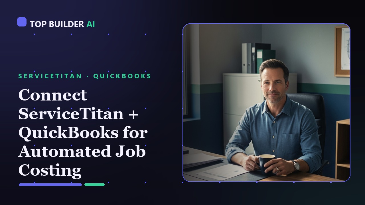 A contractor's desk with a field-service platform and QuickBooks open side by side on a laptop, invoices stacked nearby